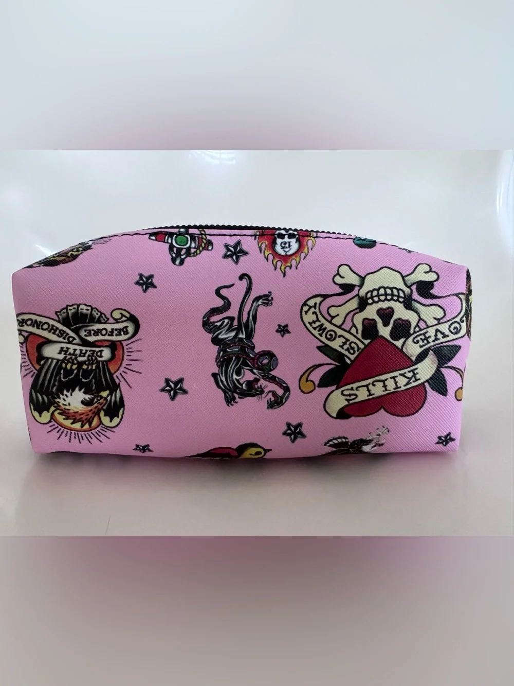 NWOT Ed Hardy Pink Tattoo Print Cosmetic Makeup Bag Y2K Travel Pouch Zip Case